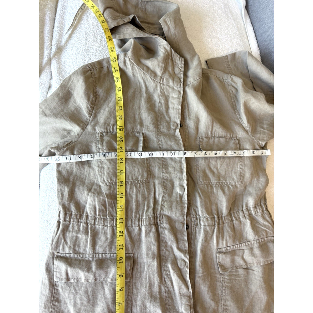 100% Linen Utility Jacket Hooded Safari Minimalist Pockets Beige Cinched Sz-M - Picture 6 of 8